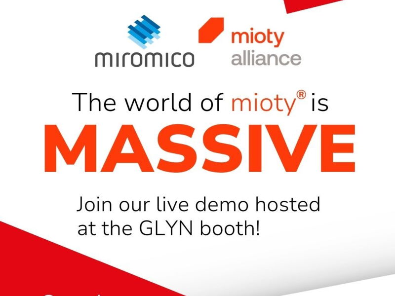 poster with mioty is massive in big writing and red logo for glyn at embedded world 2024