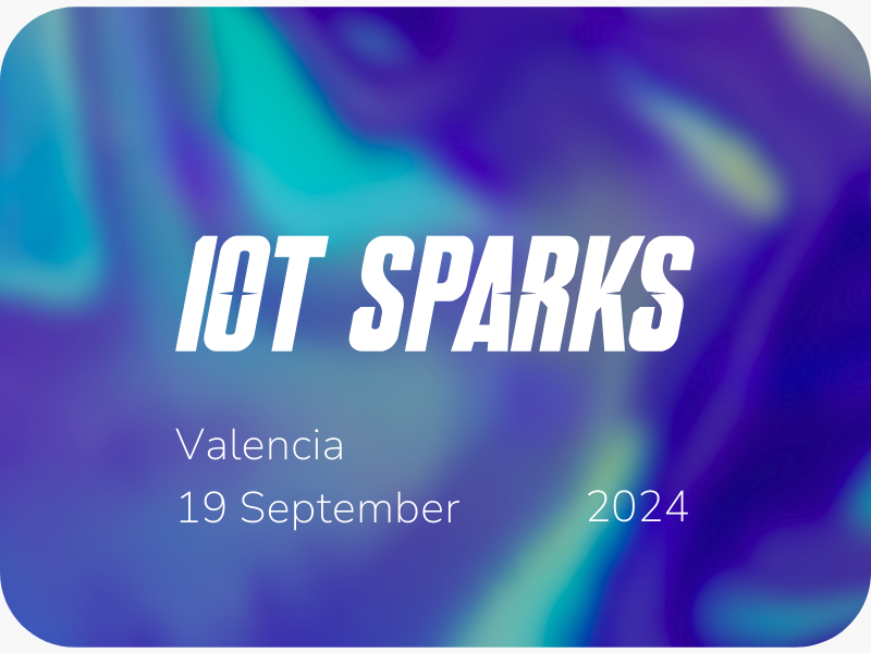 Abstrakter blauer und lila Hintergrund mit großem weißen IOT SPARKS Logo