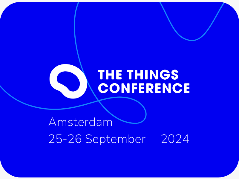 Blue background banner for things conference in Amsterdam with geometric wavy line