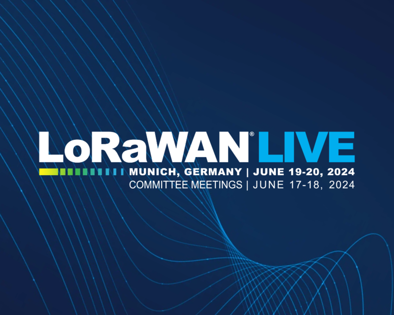 Lorawan live june 2024 and munich germany logo on dark blue background with light blue wavy lines